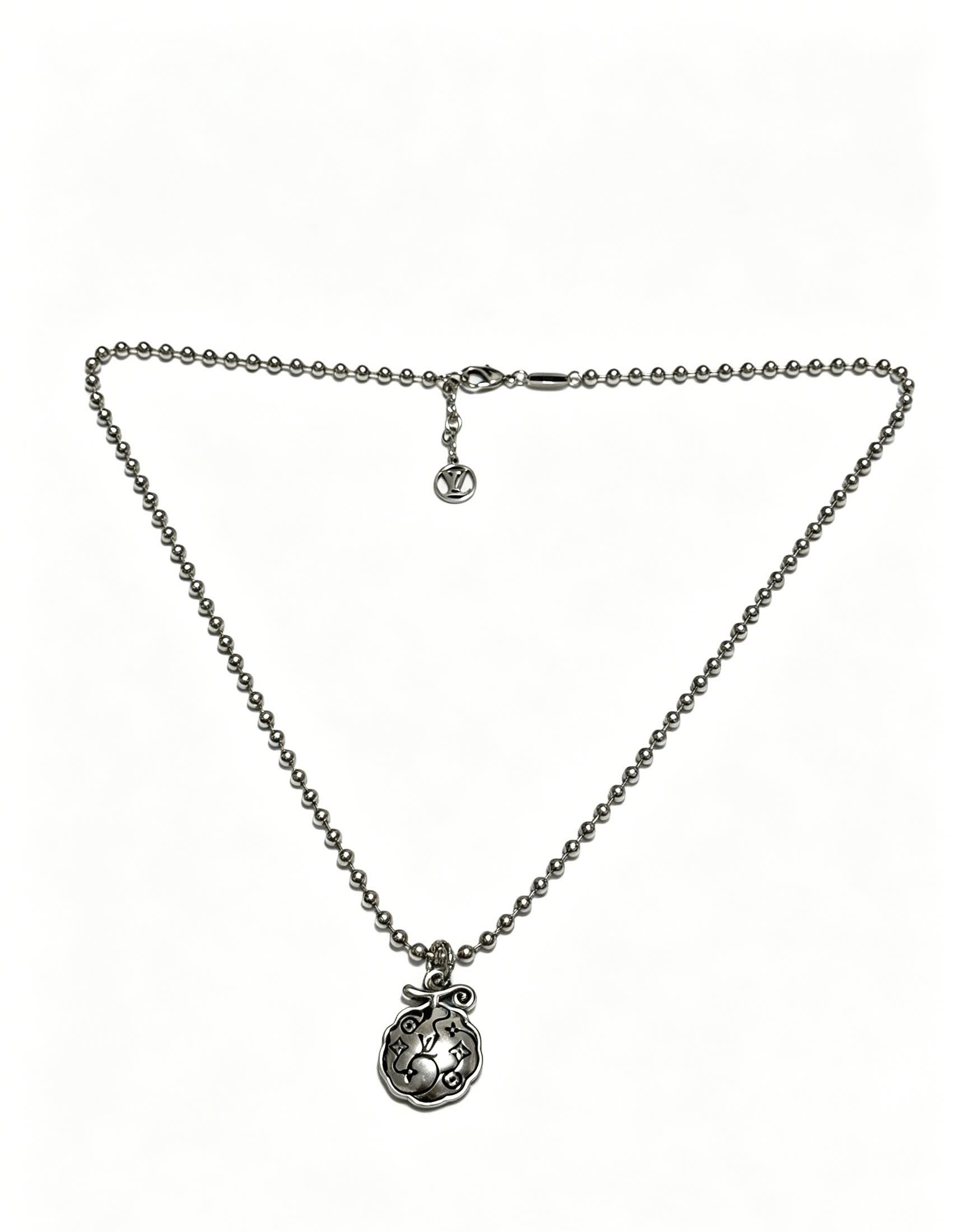 Louis Vuitton Silver Beaded Necklace with Round Pendant